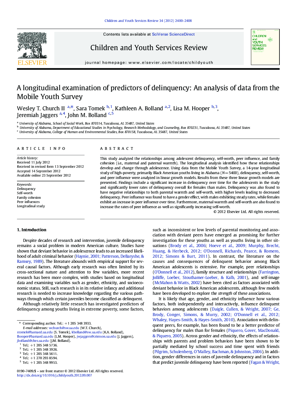 A longitudinal examination of predictors of delinquency: An analysis of data from the Mobile Youth Survey