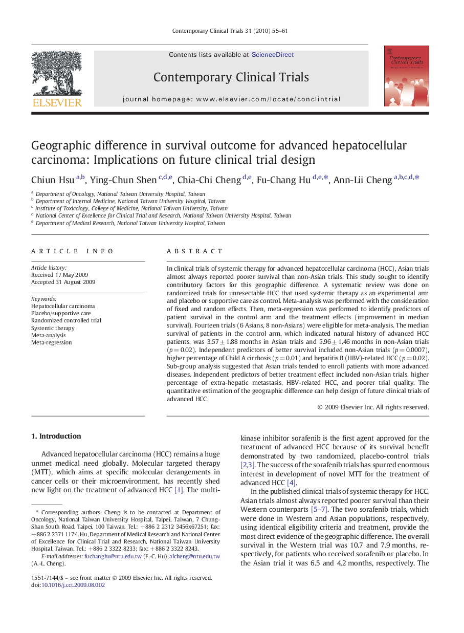 Geographic difference in survival outcome for advanced hepatocellular carcinoma: Implications on future clinical trial design