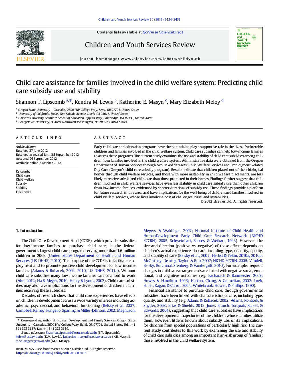 Child care assistance for families involved in the child welfare system: Predicting child care subsidy use and stability