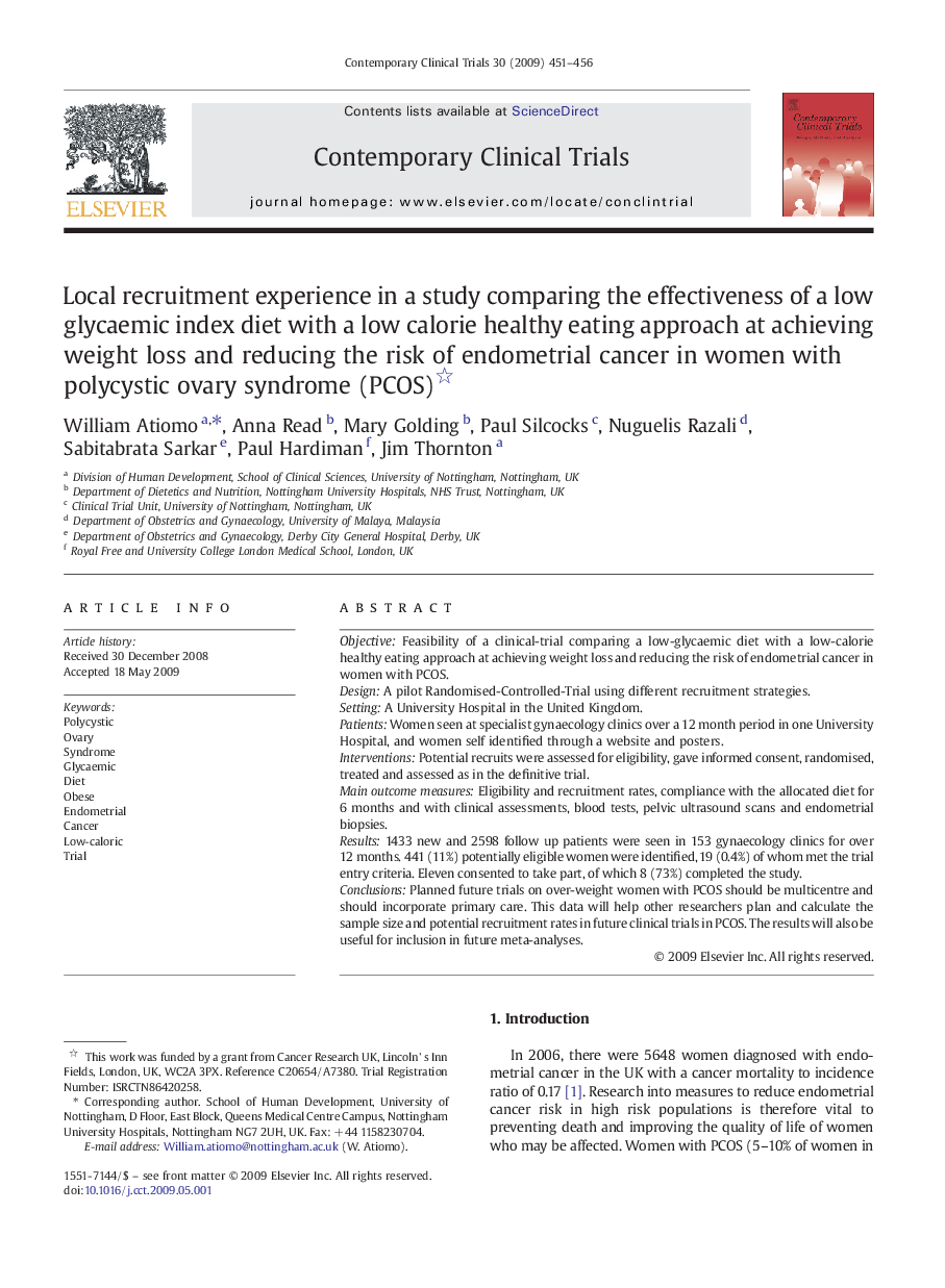 Local recruitment experience in a study comparing the effectiveness of a low glycaemic index diet with a low calorie healthy eating approach at achieving weight loss and reducing the risk of endometrial cancer in women with polycystic ovary syndrome (PCOS