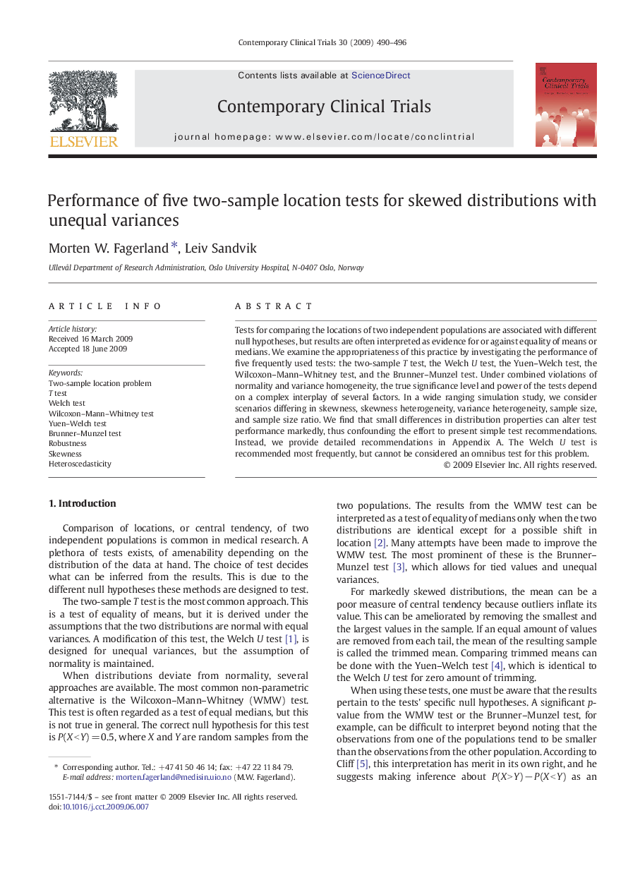 Performance of five two-sample location tests for skewed distributions with unequal variances