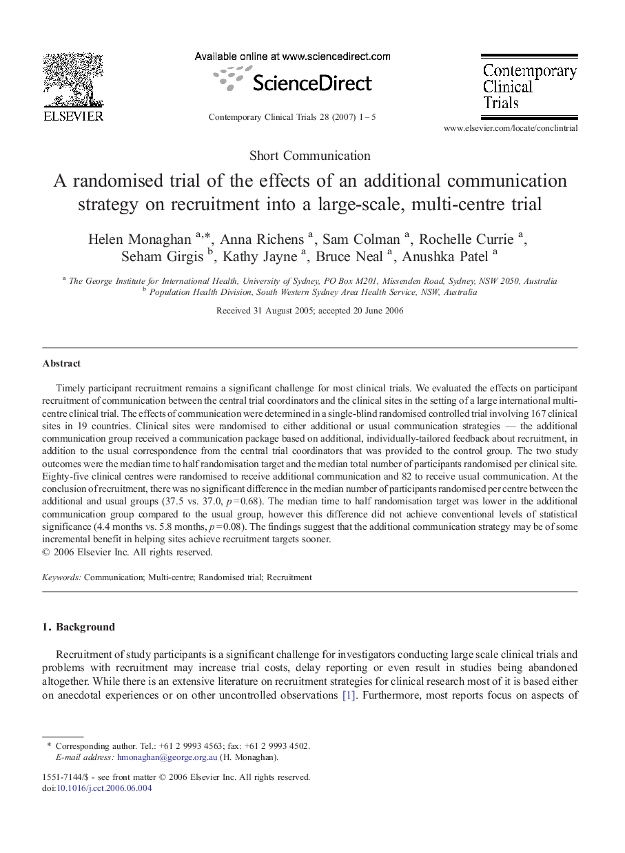 A randomised trial of the effects of an additional communication strategy on recruitment into a large-scale, multi-centre trial