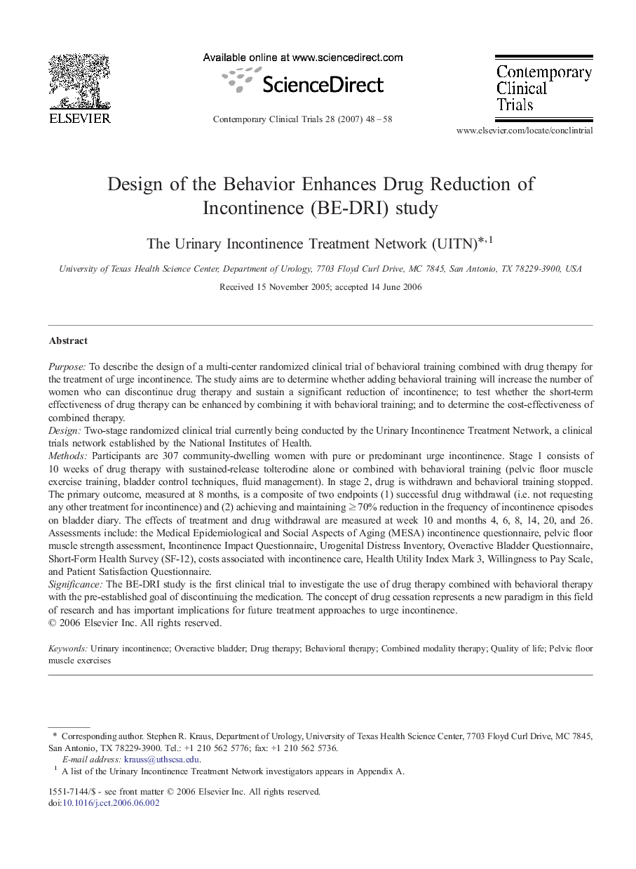 عکس صفحه اول مقاله: Design of the Behavior Enhances Drug Reduction of Incontinence (BE-DRI) study Design of the Behavior Enhances Drug Reduction of Incontinence (BE-DRI) study