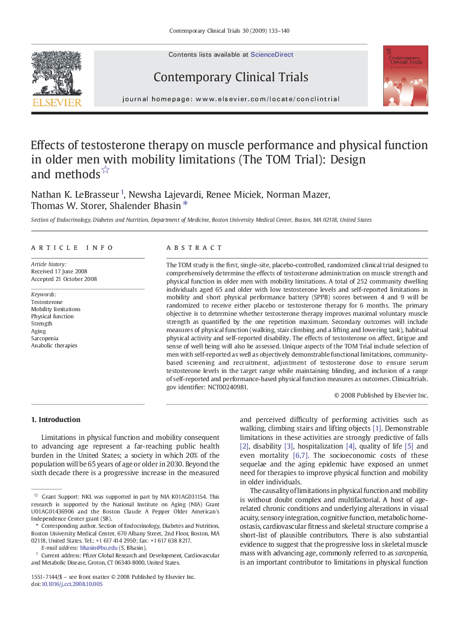 Effects of testosterone therapy on muscle performance and physical function in older men with mobility limitations (The TOM Trial): Design and methods 