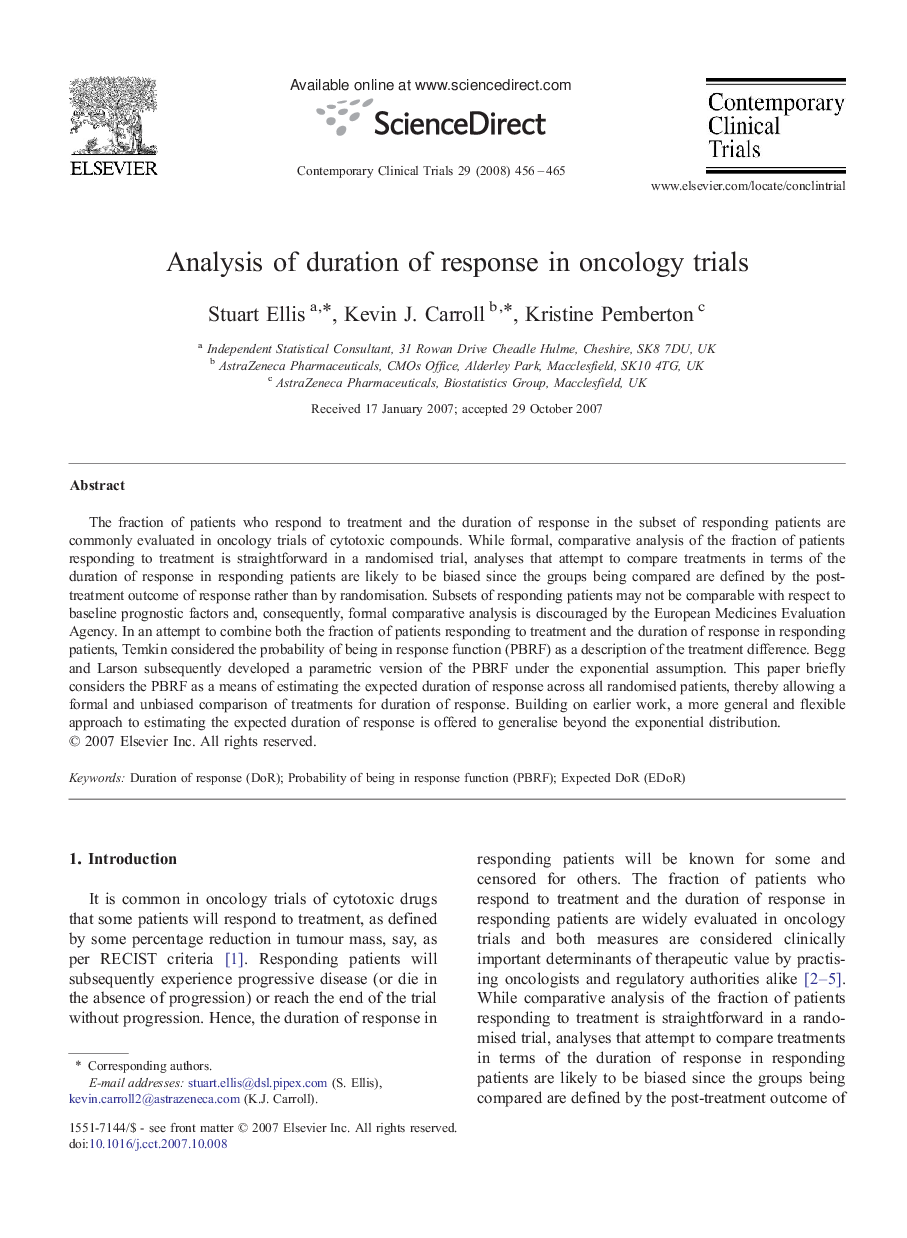 Analysis of duration of response in oncology trials