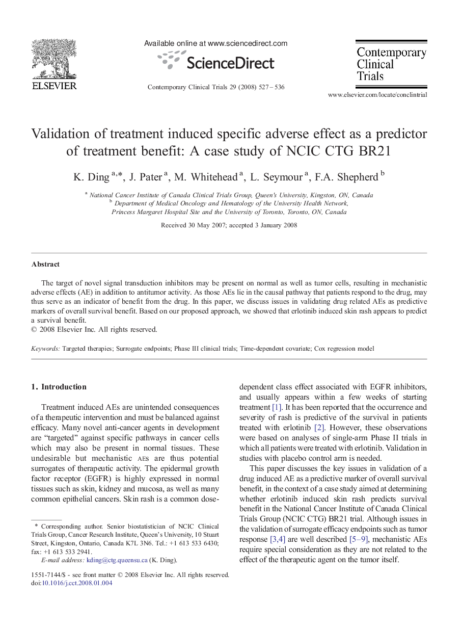 Validation of treatment induced specific adverse effect as a predictor of treatment benefit: A case study of NCIC CTG BR21