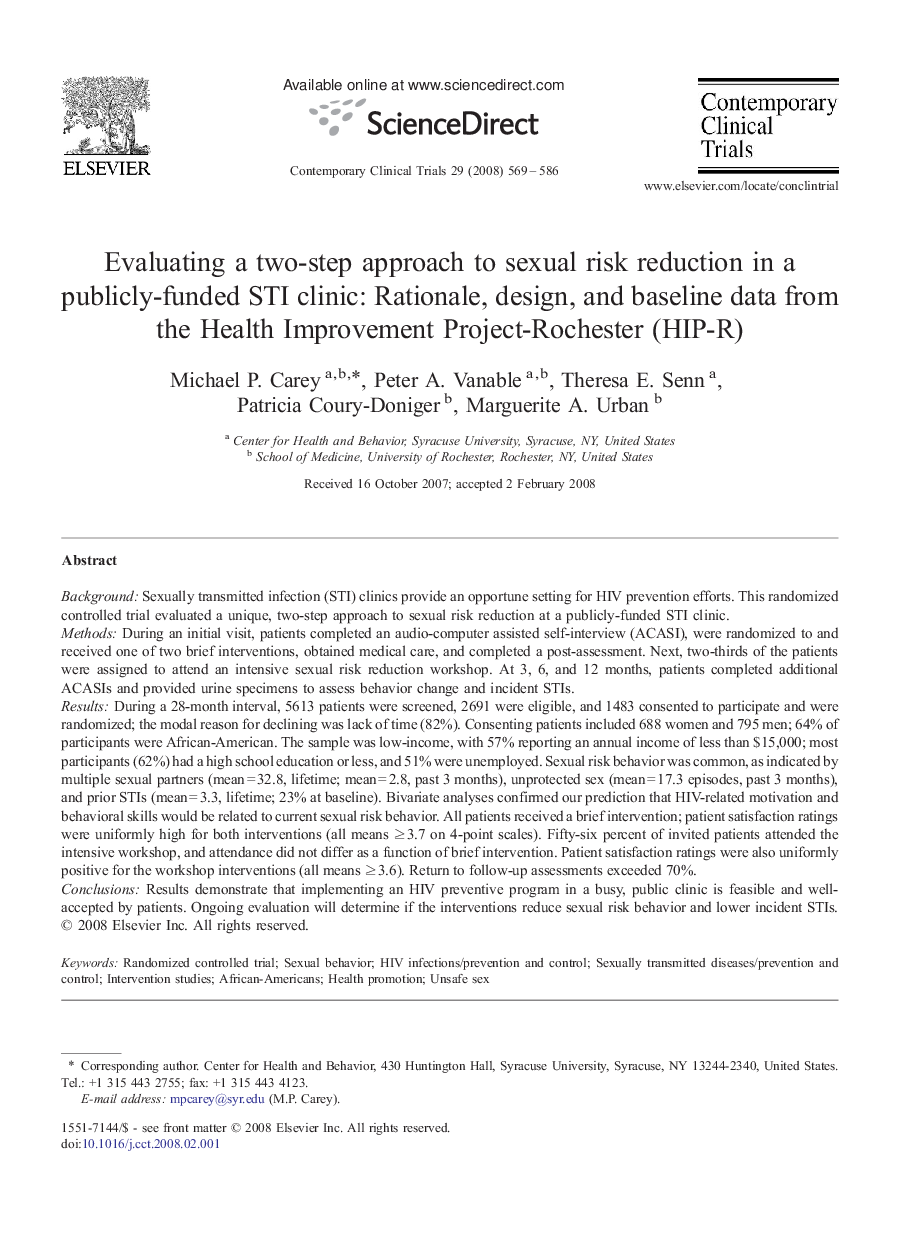 Evaluating a two-step approach to sexual risk reduction in a publicly-funded STI clinic: Rationale, design, and baseline data from the Health Improvement Project-Rochester (HIP-R)