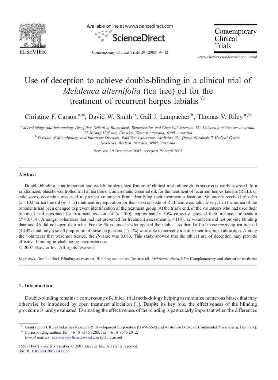 Use of deception to achieve double-blinding in a clinical trial of Melaleuca alternifolia (tea tree) oil for the treatment of recurrent herpes labialis 