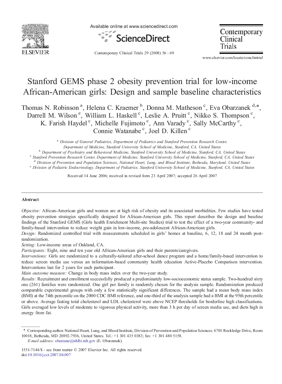 Stanford GEMS phase 2 obesity prevention trial for low-income African-American girls: Design and sample baseline characteristics