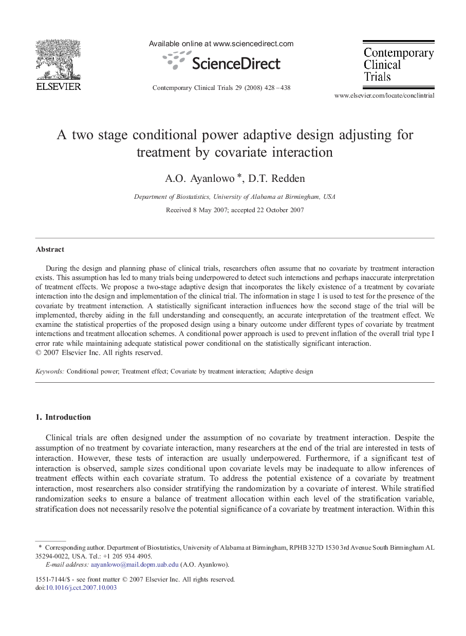 A two stage conditional power adaptive design adjusting for treatment by covariate interaction