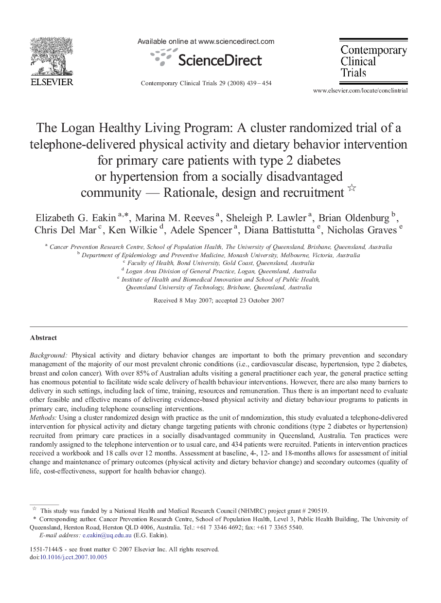 The Logan Healthy Living Program: A cluster randomized trial of a telephone-delivered physical activity and dietary behavior intervention for primary care patients with type 2 diabetes or hypertension from a socially disadvantaged community — Rationale, d