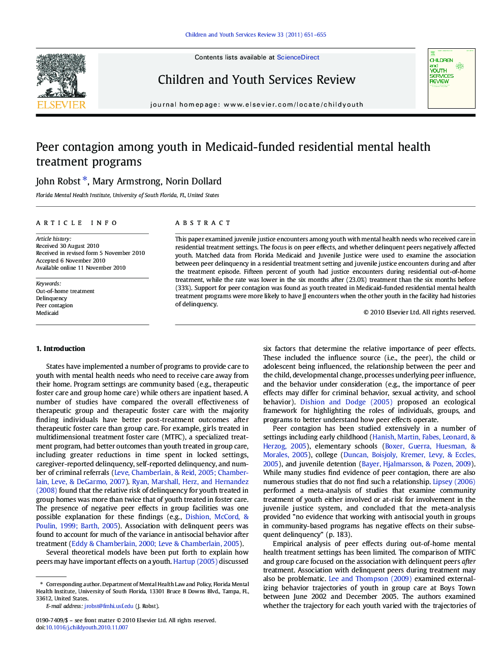 Peer contagion among youth in Medicaid-funded residential mental health treatment programs