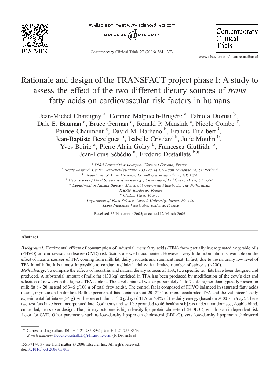 Rationale and design of the TRANSFACT project phase I: A study to assess the effect of the two different dietary sources of trans fatty acids on cardiovascular risk factors in humans