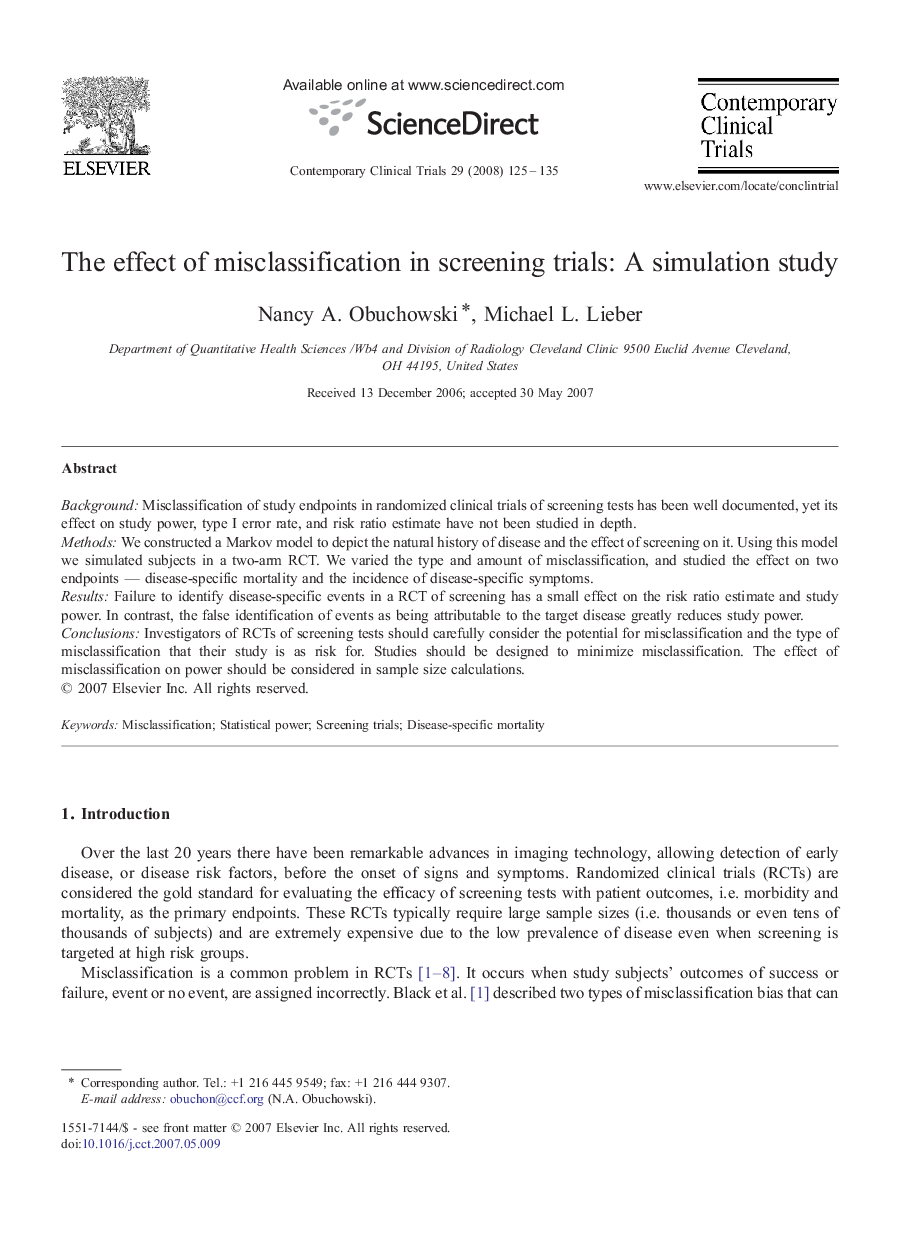 The effect of misclassification in screening trials: A simulation study