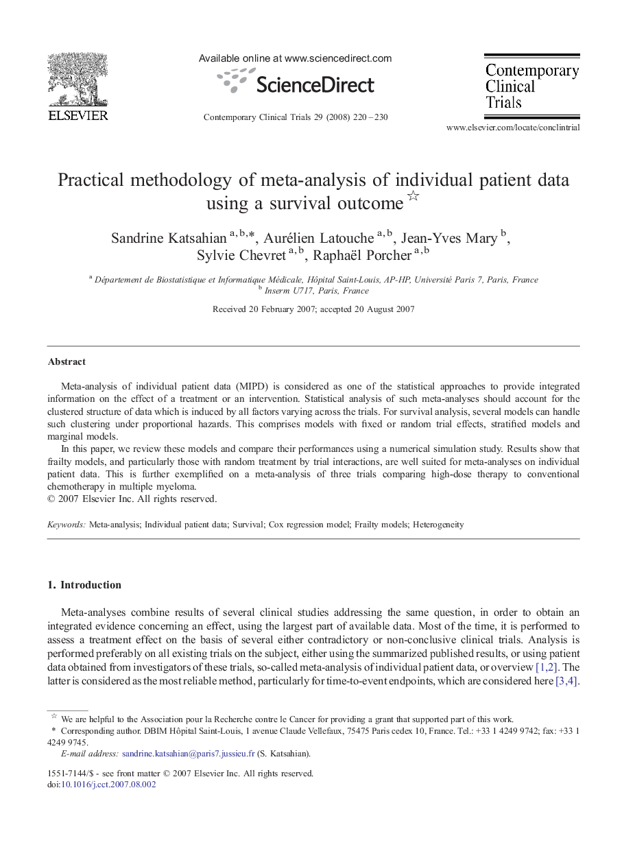 Practical methodology of meta-analysis of individual patient data using a survival outcome 