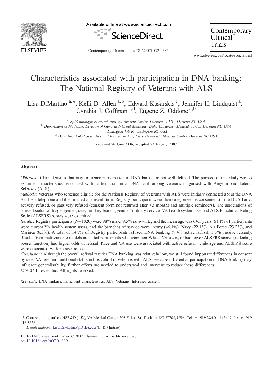 Characteristics associated with participation in DNA banking: The National Registry of Veterans with ALS