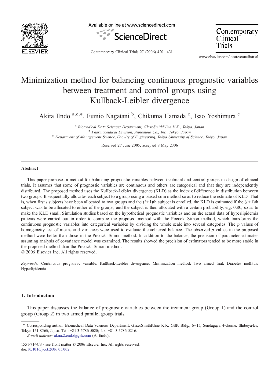 Minimization method for balancing continuous prognostic variables between treatment and control groups using Kullback-Leibler divergence