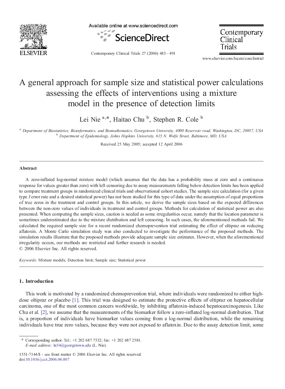 A general approach for sample size and statistical power calculations assessing the effects of interventions using a mixture model in the presence of detection limits