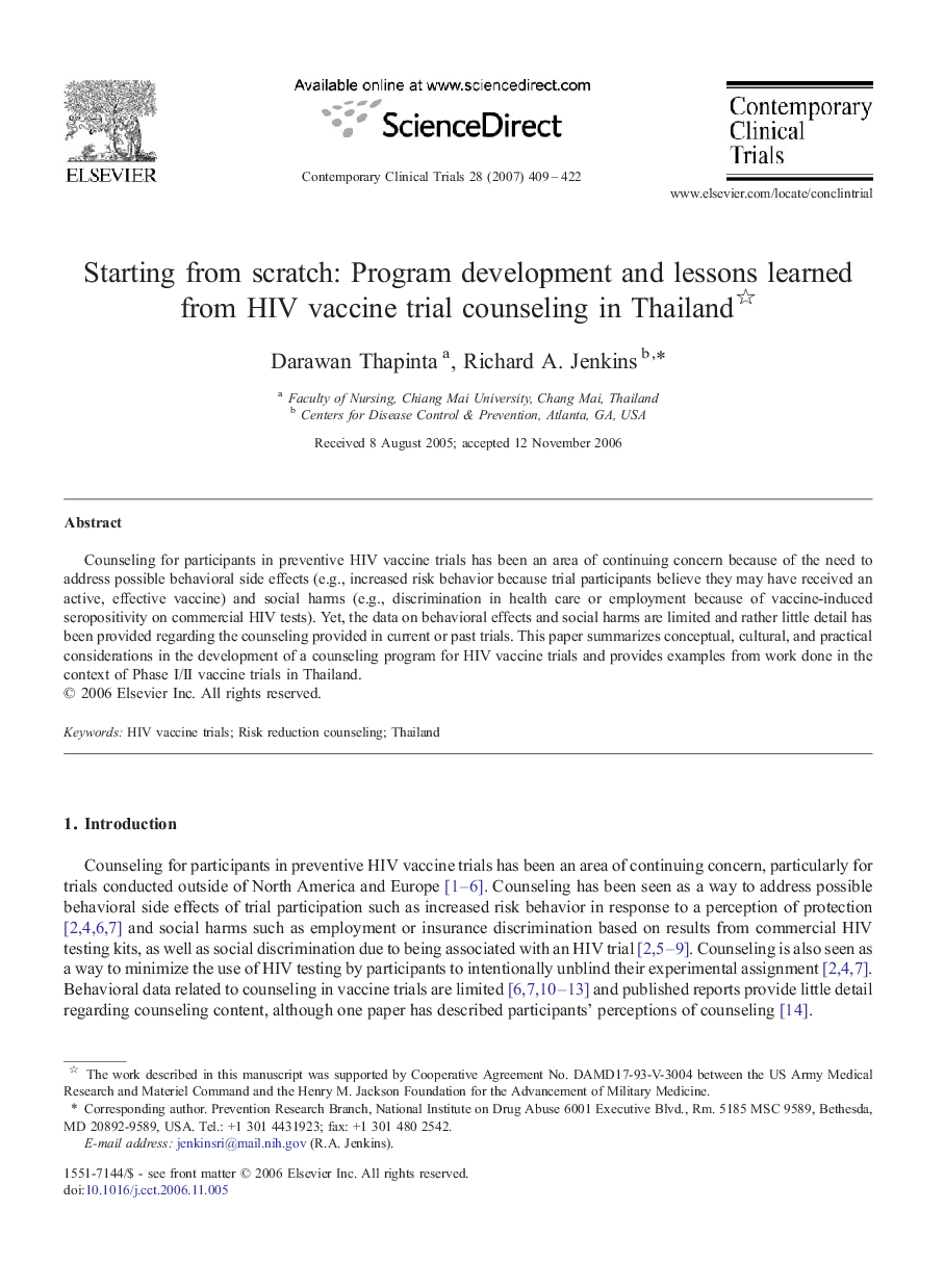 عکس صفحه اول مقاله: Starting from scratch: Program development and lessons learned from HIV vaccine trial counseling in Thailand Starting from scratch: Program development and lessons learned from HIV vaccine trial counseling in Thailand