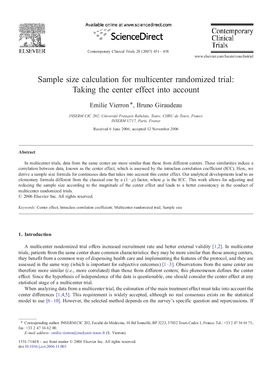 عکس صفحه اول مقاله: Sample size calculation for multicenter randomized trial: Taking the center effect into account Sample size calculation for multicenter randomized trial: Taking the center effect into account