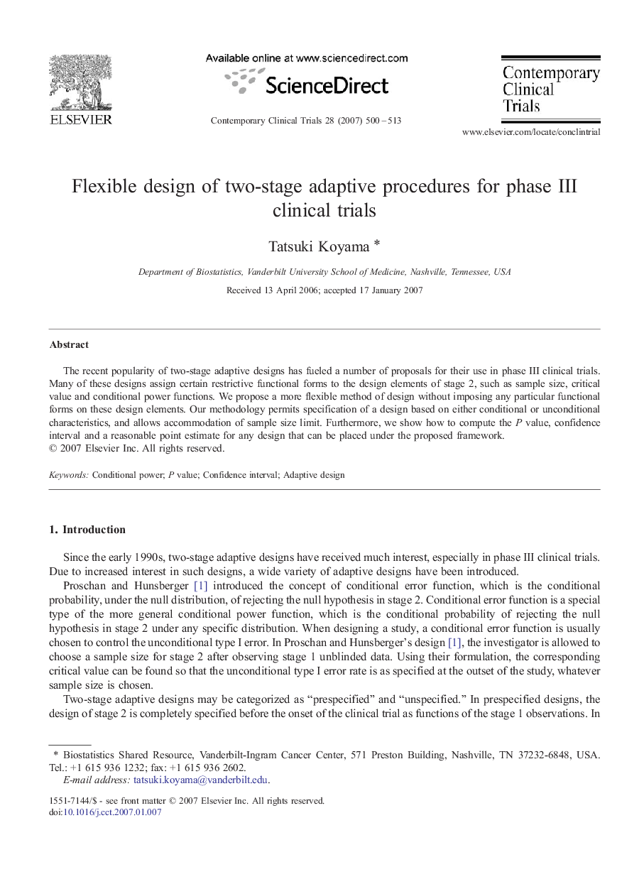 Flexible design of two-stage adaptive procedures for phase III clinical trials