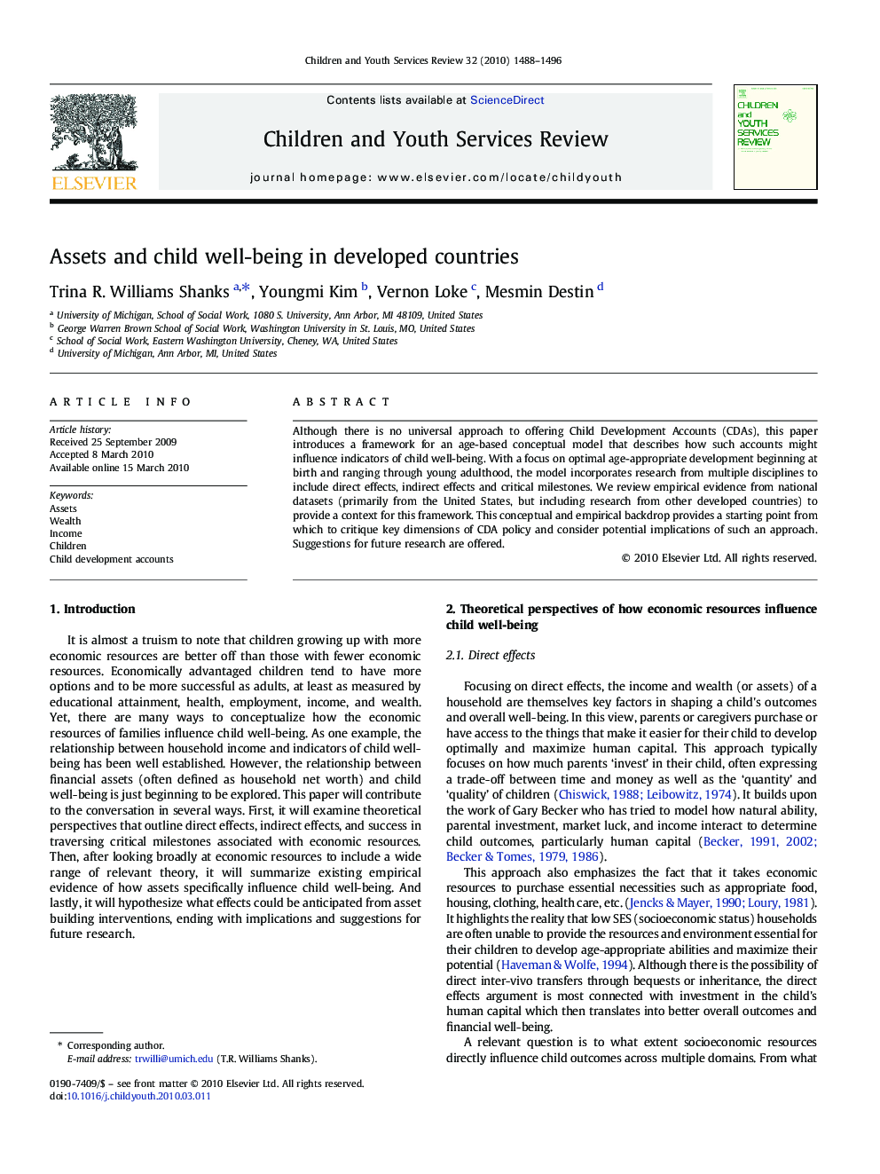 Assets and child well-being in developed countries