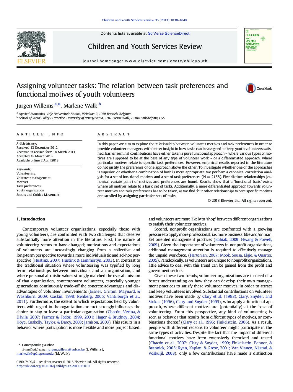 Assigning volunteer tasks: The relation between task preferences and functional motives of youth volunteers