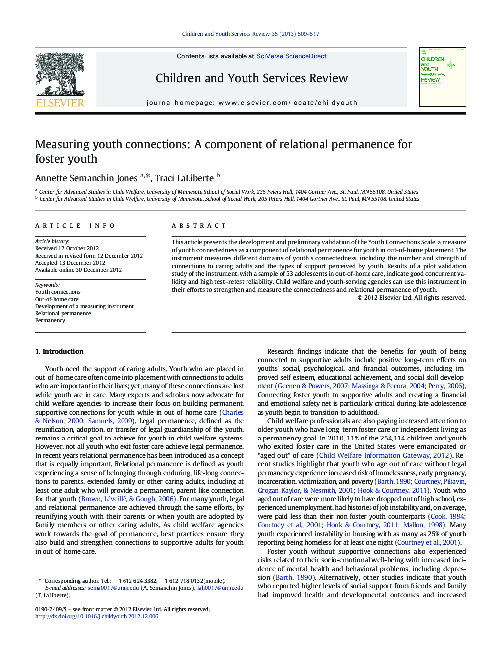 Measuring youth connections: A component of relational permanence for foster youth