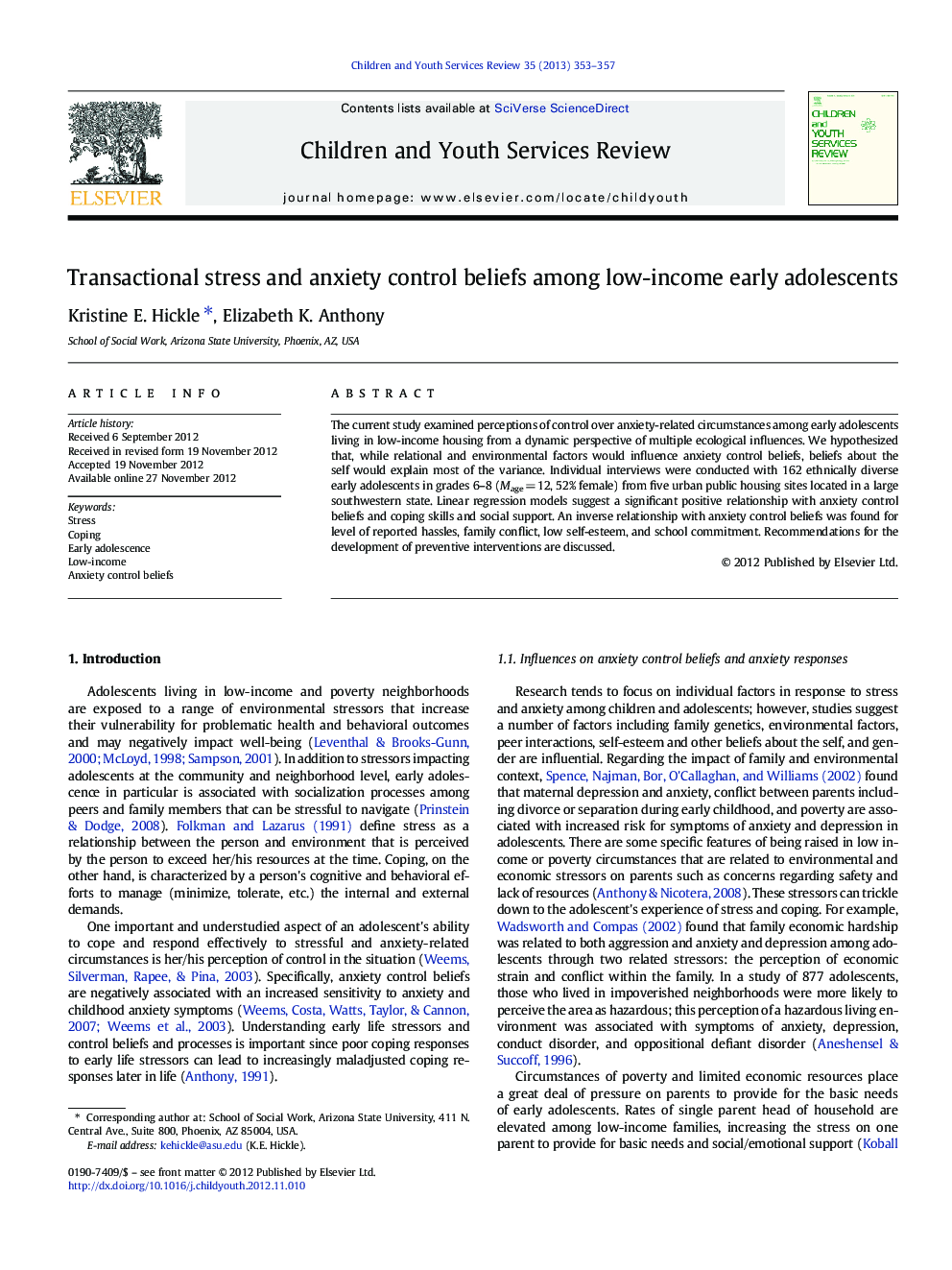 Transactional stress and anxiety control beliefs among low-income early adolescents