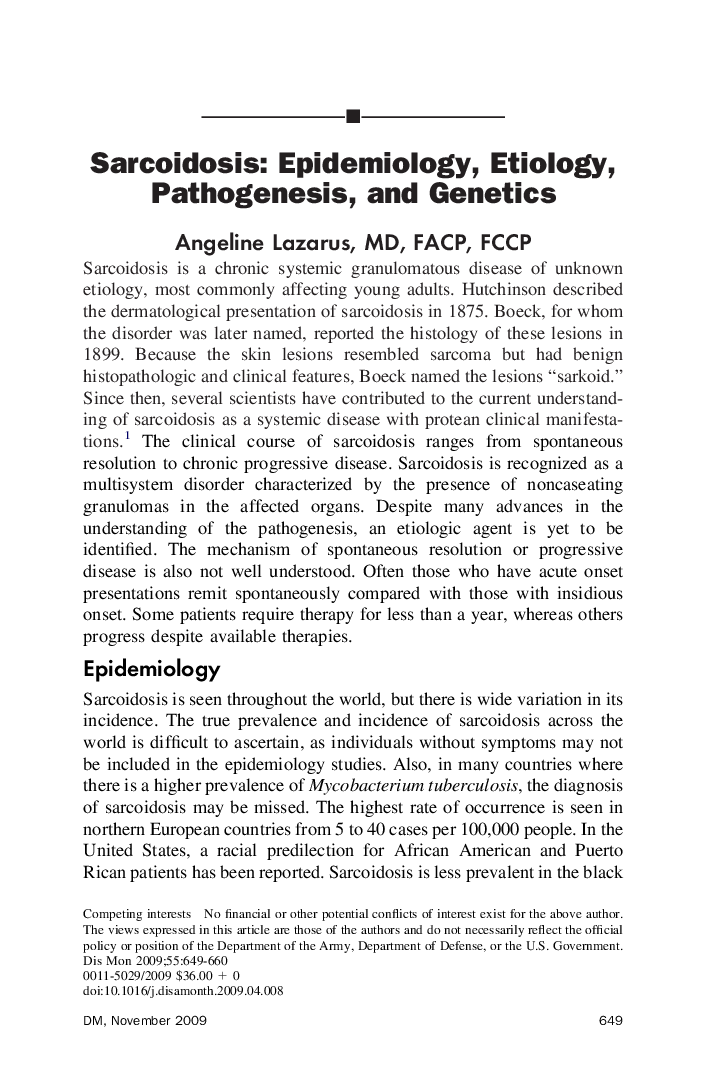 Sarcoidosis: Epidemiology, Etiology, Pathogenesis, and Genetics