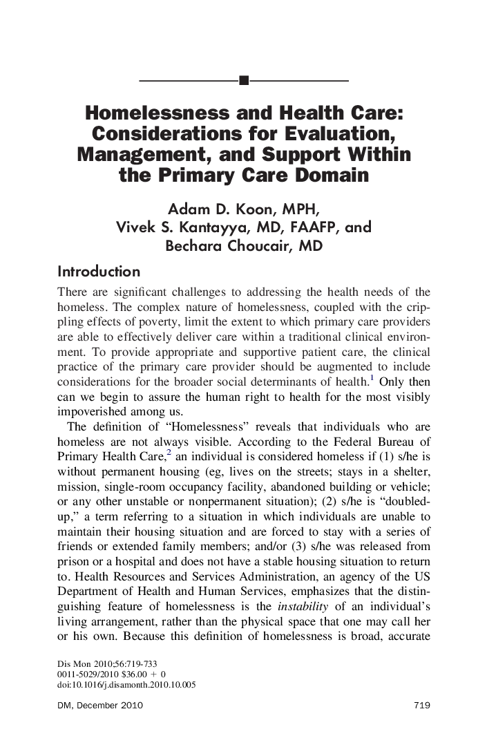 Homelessness and Health Care: Considerations for Evaluation, Management, and Support Within the Primary Care Domain
