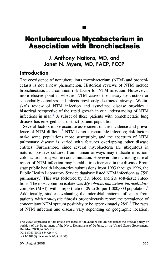 Nontuberculous Mycobacterium in Association with Bronchiectasis