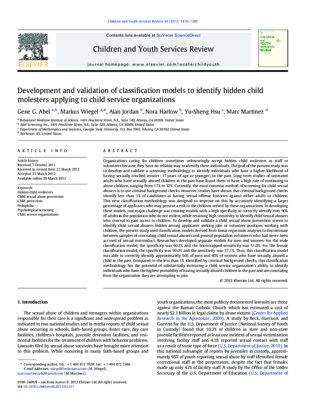 Development and validation of classification models to identify hidden child molesters applying to child service organizations