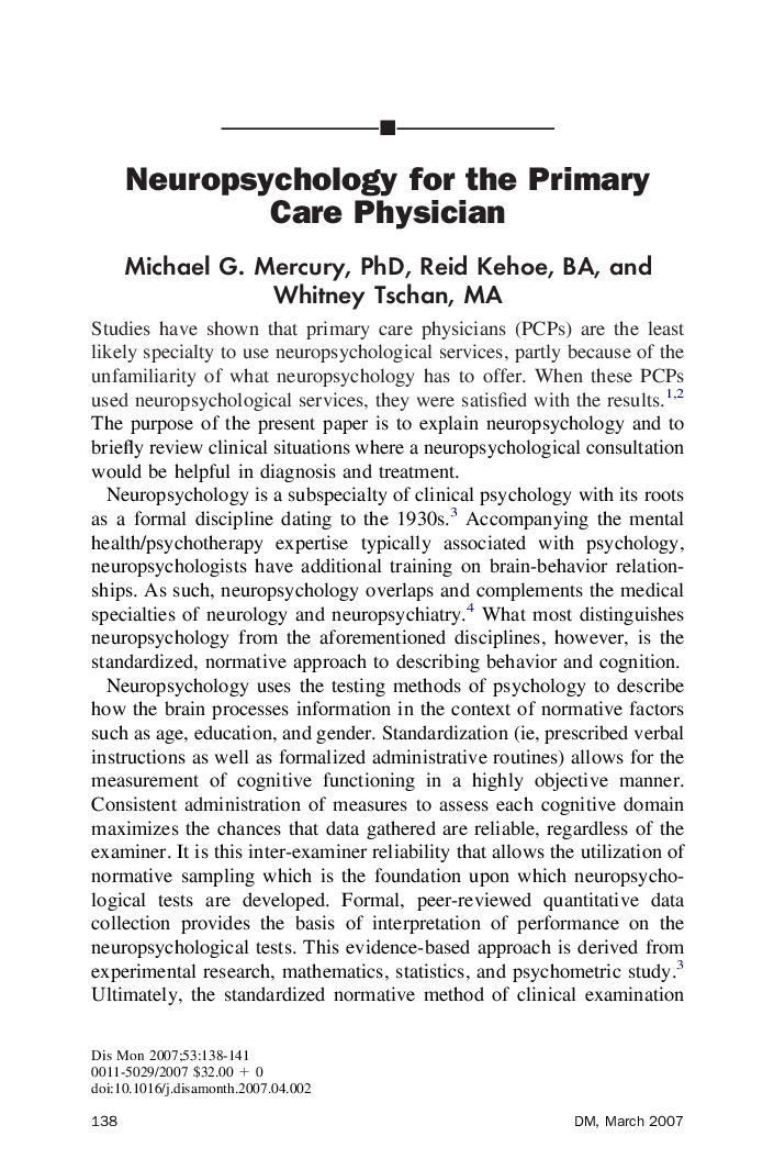 Neuropsychology for the Primary Care Physician