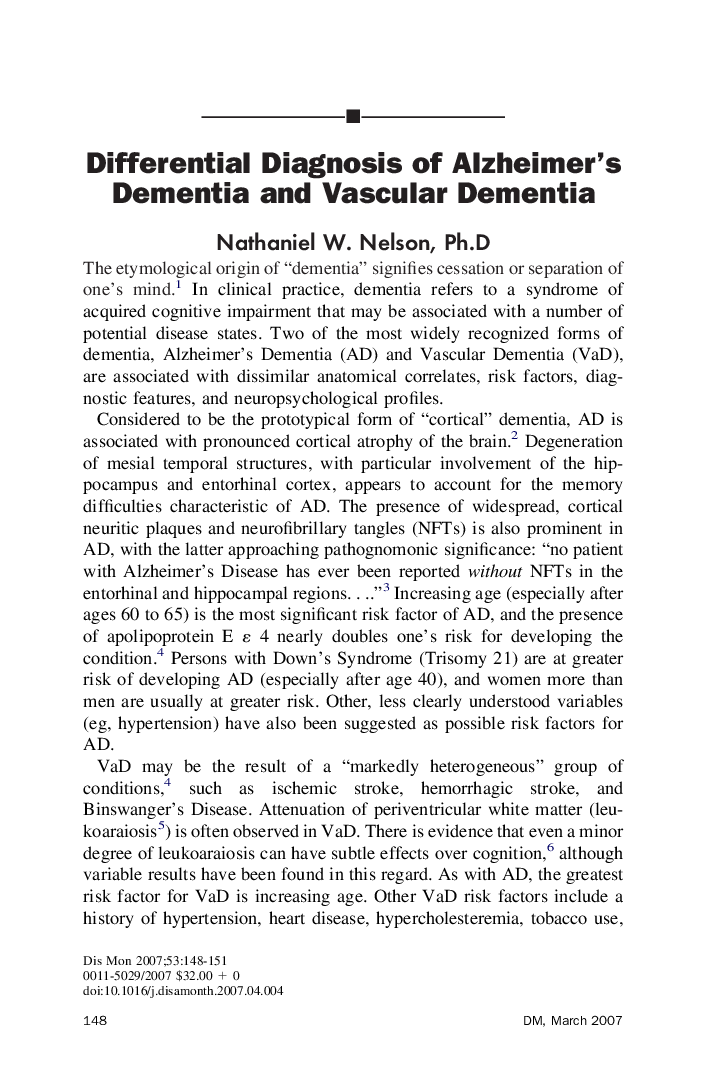 Differential Diagnosis of Alzheimer's Dementia and Vascular Dementia