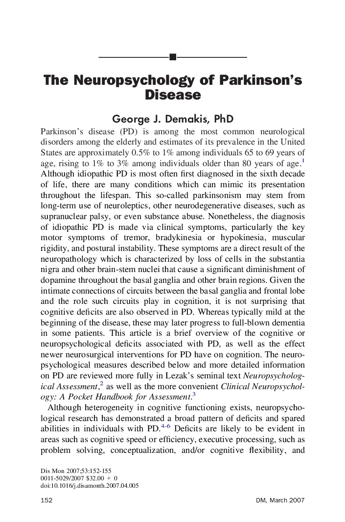 The Neuropsychology of Parkinson's Disease