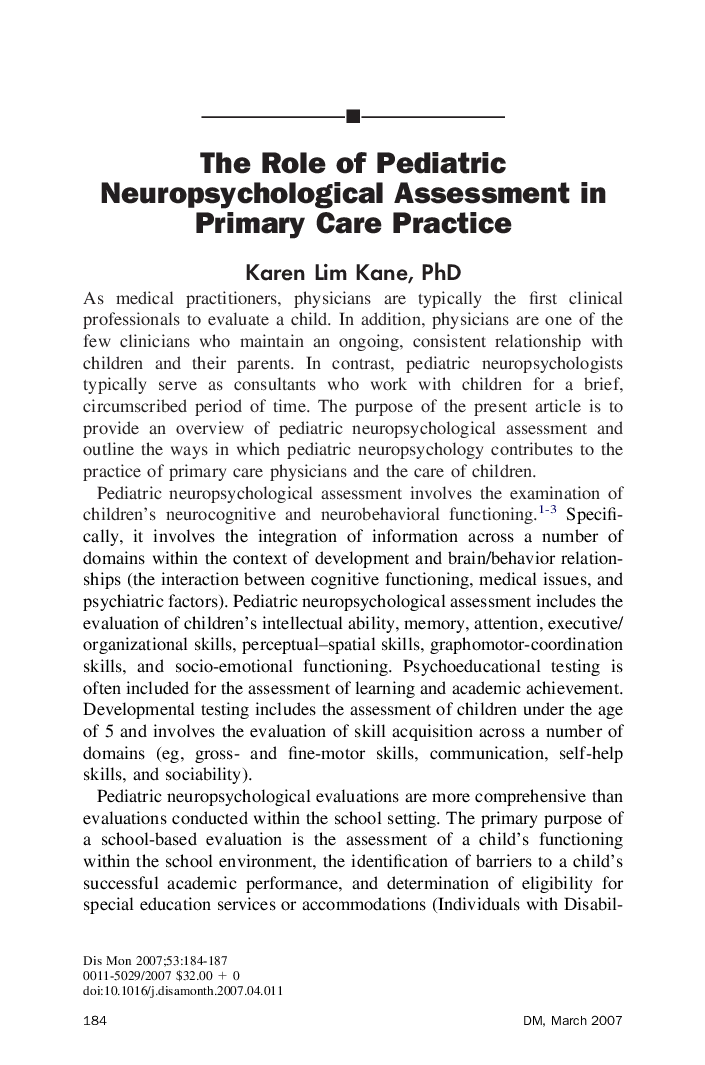 The Role of Pediatric Neuropsychological Assessment in Primary Care Practice