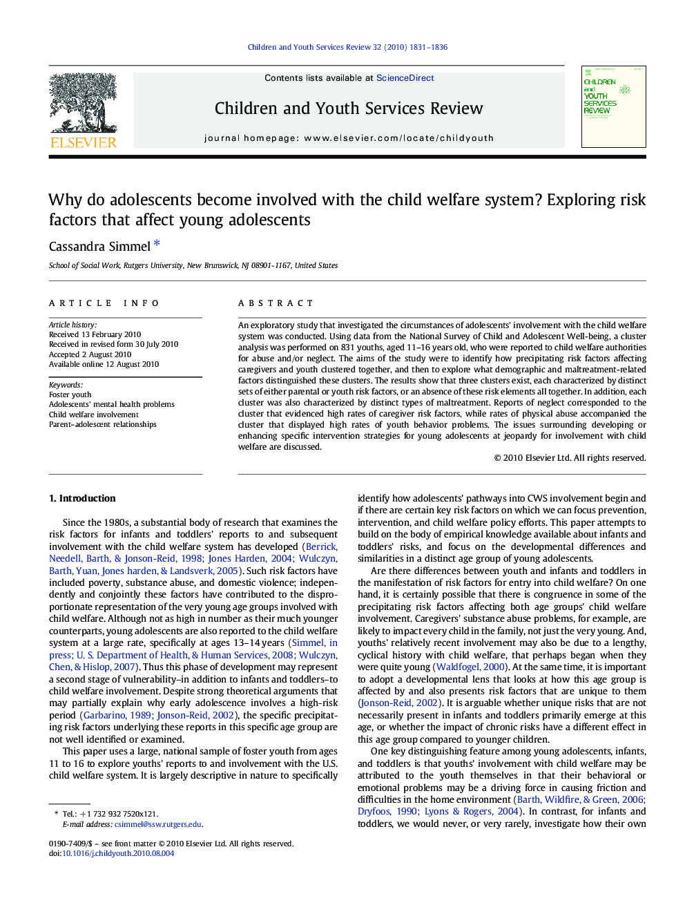 Why do adolescents become involved with the child welfare system? Exploring risk factors that affect young adolescents