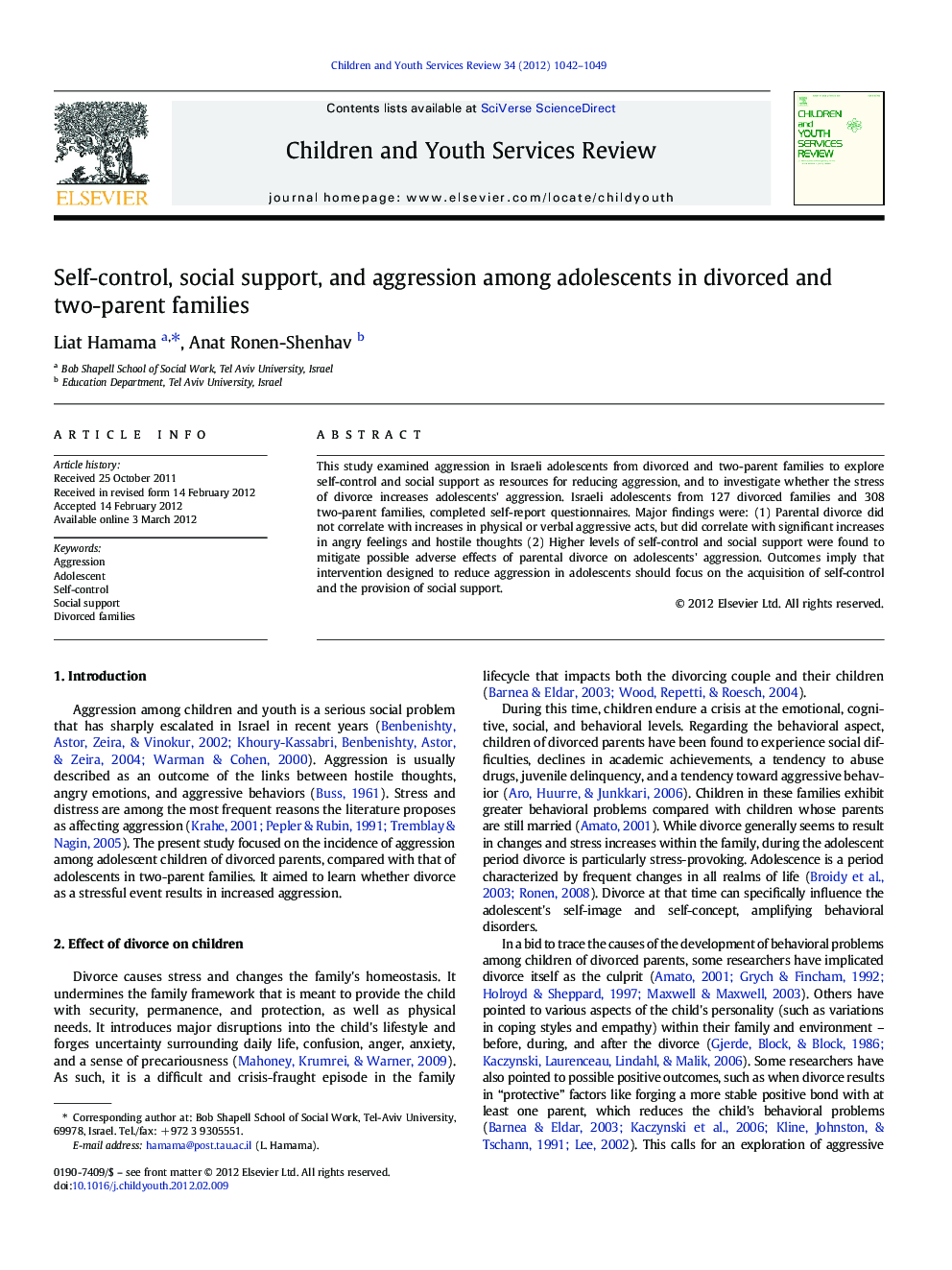 Self-control, social support, and aggression among adolescents in divorced and two-parent families