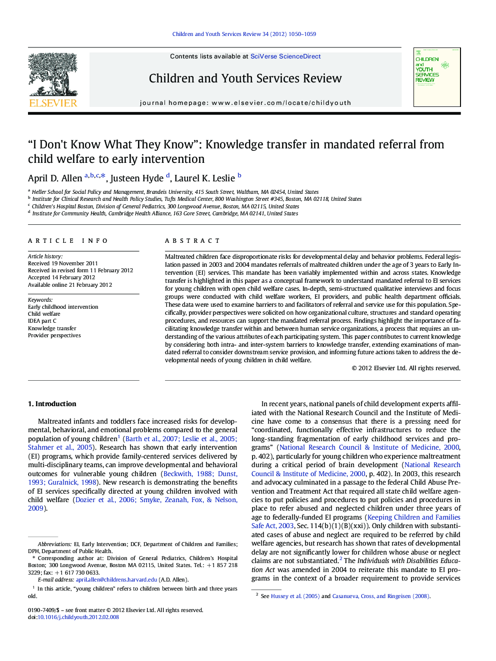 “I Don't Know What They Know”: Knowledge transfer in mandated referral from child welfare to early intervention