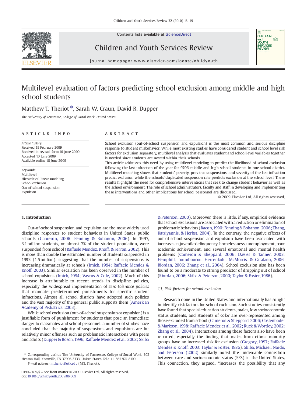 Multilevel evaluation of factors predicting school exclusion among middle and high school students