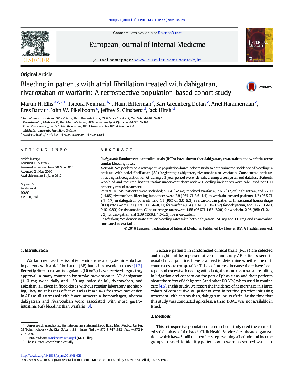 Bleeding in patients with atrial fibrillation treated with dabigatran, rivaroxaban or warfarin: A retrospective population-based cohort study