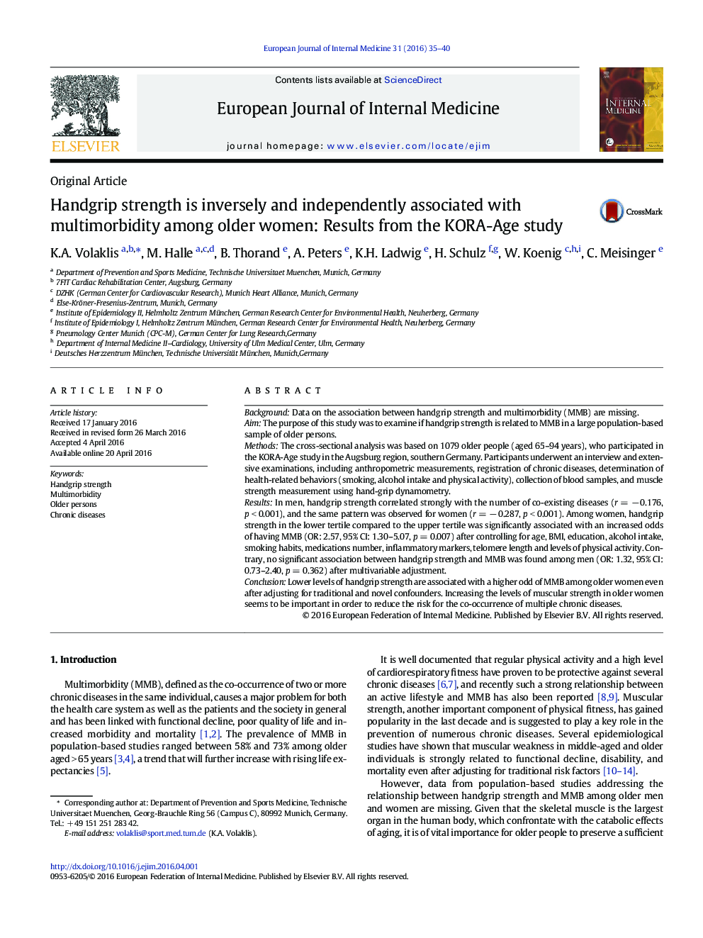 Handgrip strength is inversely and independently associated with multimorbidity among older women: Results from the KORA-Age study