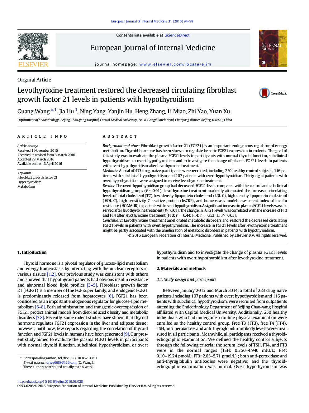 Levothyroxine treatment restored the decreased circulating fibroblast growth factor 21 levels in patients with hypothyroidism