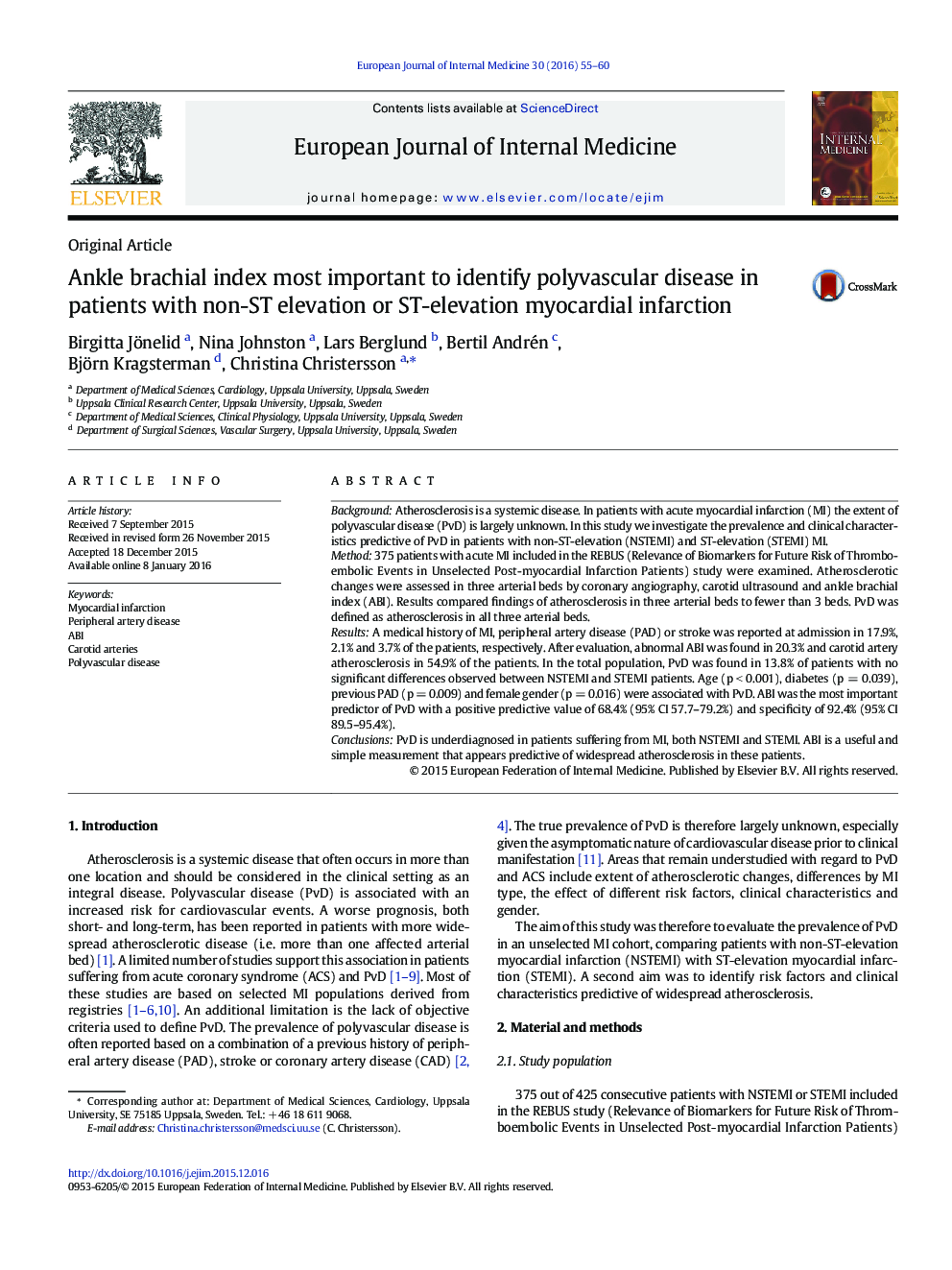 Ankle brachial index most important to identify polyvascular disease in patients with non-ST elevation or ST-elevation myocardial infarction