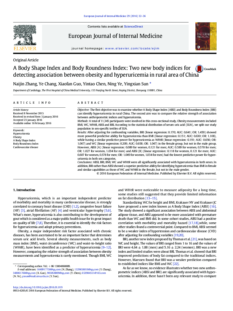 A Body Shape Index and Body Roundness Index: Two new body indices for detecting association between obesity and hyperuricemia in rural area of China