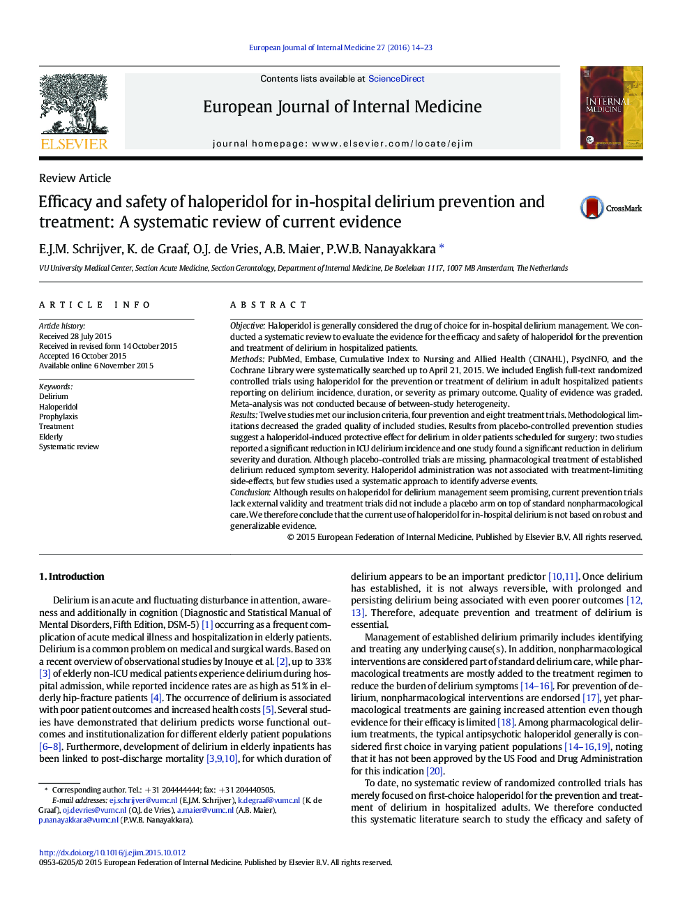 اثربخشی و ایمنی هالوپریدول برای پیشگیری و درمان کمردرد در بیمارستان: بررسی سیستماتیک شواهد موجود 