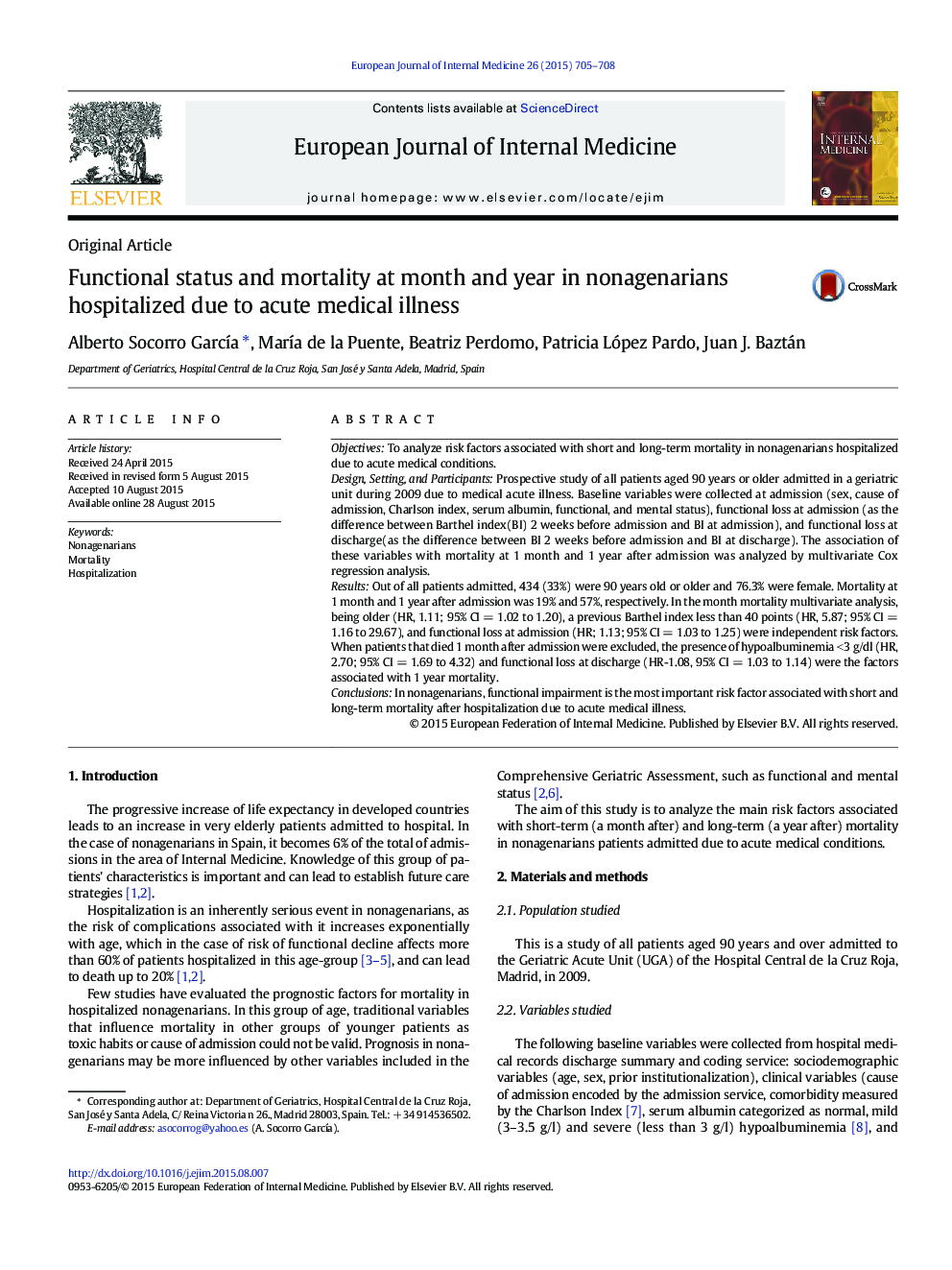 Functional status and mortality at month and year in nonagenarians hospitalized due to acute medical illness