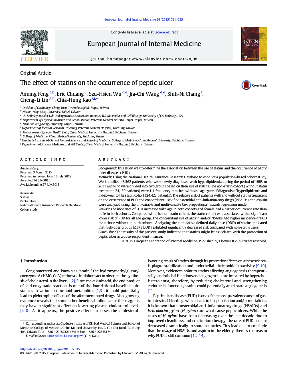 The effect of statins on the occurrence of peptic ulcer