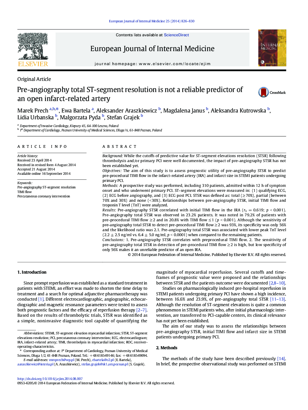 Pre-angiography total ST-segment resolution is not a reliable predictor of an open infarct-related artery